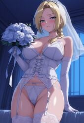 ai_generated bedroom blonde_female blonde_hair blue_eyes blush braid braided_hair breasts castlevania castlevania_legends corset elbow_gloves flowers indoors large_breasts lingerie long_hair panties parted_bangs seductive sonia_belmont thighhighs thighs veil white_elbow_gloves white_lingerie white_panties white_thighhighs