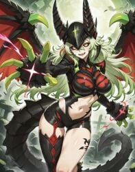 ai_generated armor best_girl black_fur black_sclera diabellstar_the_black_witch diabellstar_vengeance dragon_girl dragon_horns dragon_tail dragon_wings duel_monster fangs full_body green_claws green_hair hair_between_eyes helmet large_breasts long_hair midair midriff red_clothing smile star_herald thick_thighs yu-gi-oh!