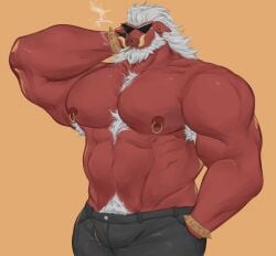 anthro armpit_hair bara barazoku beard big_daddy_(zenless_zone_zero) bulge chest_hair cigarette facial_hair flaccid furry hand_behind_head male male_focus male_only muscles muscular nipple_piercing red_skin ryandidindoome shirtless solo solo_male suina sunglasses sus_(pig) tusks white_hair zenless_zone_zero