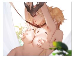 1boy 1boy1girl 1girls absurd_res aether_(genshin_impact) armpits arms_up blonde_hair bondage breasts closed_eyes collar crying from_behind genshin_impact grabbing_breasts groping groping_breasts hair_over_one_eye hetero hi_res highres hu_dako leash male/female nipples signora_(genshin_impact) tears