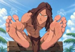 ai_generated barefoot bound_arms bound_legs brown_hair captured defeated_hero disney dreadlocks green_eyes jungle long_hair male male_feet male_only muscular_male outdoors punishment stocks sweaty sweaty_feet tan_skin tarzan_(1999_film) tarzan_(character) tropical
