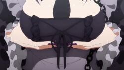 1girls animated anime_screenshot apron big_breasts black_dress black_hair black_headwear black_nails black_necktie bouncing_breasts breast_lift breast_padding breasts cosplay dress female flower frills gothic_lolita kitagawa_marin large_breasts lolita_fashion long_hair maid_apron nail_polish necktie official_art short_necktie sono_bisque_doll_wa_koi_wo_suru sound tagme video