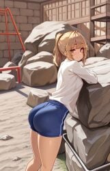 ai_generated big_ass blonde_hair cute cute_face female leggings looking_at_viewer no_panties ponytail shiokonbu shiokonbu_art_style short_shirt smiling