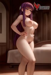1girls 2d ai_generated ass bangs bare_shoulders big_ass big_breasts breasts cleavage colored_pubic_hair erophoenix female female_focus fern_(sousou_no_frieren) full_body looking_at_viewer looking_back navel nipples nude pale_skinned_female patreon_username pubic_hair purple_eyes purple_hair smile soles solo solo_female sousou_no_frieren sweat thick thick_thighs toes uncensored