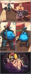 2023 absurd_res anthro anthro_pred ass bag belly big_belly blue_body blue_hair blue_tongue bodily_fluids bone burping chopangigante clothing comic costume duo felid food fursuit hair hand_on_belly hi_res horrified horror_(expression) hot_dog human human_prey internal jersey locker male mammal navel nude overweight prehistoric_species rumbling_stomach saber-toothed_tiger shirt sloshing_belly sound_effects stomach_acid swallowing tongue topwear tythesaber unwilling_prey vore