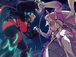 battle city_background fight giantess holding_hands huge_breasts macro matara_kan night perspective thesigmaarts virtual_youtuber vshojo zentreya zentreya_(cyborg)