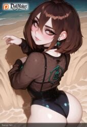 ai_generated artist_name ass beach blush breasts brown_eyes brown_hair choker dollmaker dollmaker_(artist) earrings female from_behind hair_between_eyes jewelry looking_at_viewer ocean patreon_logo patreon_username sand shore short_hair solo swimsuit tagme water watermark web_address wet