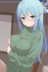 1female 1girl 1girls ai_generated aqua_(konosuba) blue_eyes blue_hair blush breast_hold breasts chair closed_mouth commentary_request ear_blush female female_focus female_solo grabbing_own_breast green_sweater hair_between_eyes hair_ornament hair_rings indoors kono_subarashii_sekai_ni_shukufuku_wo! konosuba large_breasts long_hair long_sleeves looking_at_viewer on_chair ribbed_sweater sidelocks single_hair_ring sitting solo stable_diffusion sweatdrop sweater turtleneck turtleneck_sweater zelanell