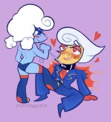 blue_skin blush bulge bulge_through_clothing clothed collar deltarune deltarune_chapter_3 elnina_(deltarune) erection female femdom half-closed_eyes heart heart_eyes hetero_sex lanino_(deltarune) leash leash_pull precum precum_through_clothing purple_background sitting stepped_on stepping_on_penis straight suit suit_and_tie topless topless_female underwear white_hair yellow_skin