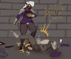 absurd_res angry anthro armor ballbusting big_breasts bottomless bovid breasts brown_body brown_fur canid canine canis caprine cel_shading clothed clothing cock_and_ball_torture combo_meter covering covering_breasts covering_self cross-popping_vein dominant dominant_female duo embarrassed female fur gauntlets genital_torture gloves grey_body grey_fur hair handwear hi_res hooves impact_lines male male/female mammal motion_lines muscular muscular_female muscular_male mythological_canine mythological_creature mythology nude number plantigrade pubes rafitos shaded shaking sheep shocked stomping submissive submissive_male tail torn_clothing twitching wardrobe_malfunction werecanid werecanine werecreature werewolf white_hair wolf