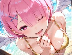 1girls ai_generated angel_wings big_breasts big_breasts blush blush blush_lines blushing_female bra breasts breasts cleavage female female_focus female_only finger_on_lip from_above hair_over_one_eye huge_boobs huge_breasts kaistar large_boobs large_breasts light-skinned light-skinned_female light_skin looking_at_viewer one_eye_closed patreon pink_eyes pink_hair pink_nails pov ram_(re:zero) re:zero_kara_hajimeru_isekai_seikatsu shiny shiny_skin short_hair smile smiling smiling_at_viewer smirk solo solo_female solo_focus sweat sweatdrop sweating sweaty sweaty_body underwear wet wet_body wet_skin white_skin white_skinned white_skinned_female