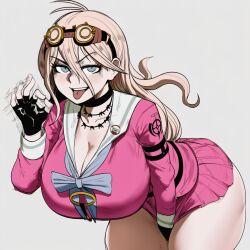 1girls ahoge ai_generated blonde_hair blue_eyes bow breasts breasts_bigger_than_head choker cleavage danganronpa danganronpa_v3 fellatio_gesture female female_only fingerless_gloves gloves goggles goggles_on_head hair_between_eyes hand_between_legs hand_gesture hanging_breasts horny huge_breasts inviting inviting_to_sex iruma_miu leaning_forward long_hair looking_at_viewer motion_lines naughty_face oral_invitation pussy_juice_drip school_uniform serafuku short_skirt simple_background smile solo thick_thighs thighs tongue tongue_out wavy_hair