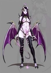 black_hair bodily_fluids breasts chaos_daemon choker claws clothed clothing daemon_of_slaanesh erection genital_fluids gynomorph hair hi_res horn humanoid intersex jewelry leaking_precum legwear long_hair membrane_(anatomy) membranous_wings mostly_nude necklace nipple_piercing nipples piercing pointy_ears precum purple_body purple_eyes skimpy slaanesh_mark small_breasts solo tail tarakanovich warhammer_(franchise) wings