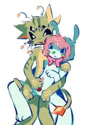 alien ambiguous_gender antennae_(anatomy) black_sclera blush bowtie cat_humanoid caterpillar clown_nose cum_drip exposed_penis furry furry_cat gnarpy_(regretevator) green_body handjob holding_partner naked nonbinary pilby_(regretevator) pink_hair regretevator stroking_penis tail touching_penis white_body