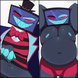 1:1 armpit_hair belly big_belly body_hair clothed clothing clothing_lift demon demon_humanoid electronics for_a_head gukimagone_(artist) hazbin_hotel hi_res huge_belly humanoid looking_at_viewer male moobs naughty_face nipples object_head overweight pecs screen screen_face screen_head slightly_chubby smile smiling_at_viewer solo teasing teasing_viewer television tv_head underwear vox_(hazbin_hotel)