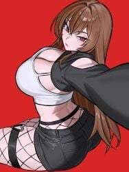 1girls absurdres ass belt black_shorts black_sweater breasts brown_hair buckle crop_top curvy female fishnet_pantyhose fishnets from_above heart heart-shaped_buckle highres large_breasts long_hair original pantyhose red_background red_eyes selfie shorts sideboob sweater thick_thighs thigh_belt thigh_strap thighs zeon_(zzeeonn)