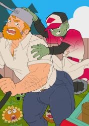 2boys ahrstudio ass bara baseball_zombie_(pvz) big_ass bulge crazy_dave_(pvz) erection flat_colors fully_clothed gay ginger human male male_only muscular peashooter_(pvz) plants_vs_zombies potato_mine_(pvz) small_dom_big_sub sunflower_(pvz) tagme video_games zombie