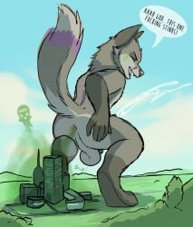 anthro anus ass balls bodily_fluids canid canine canis cum death death_count digital_media_(artwork) english_text fart fart_cloud fart_fetish feet fox fur genital_fluids genitals hi_res lawkie macro male mammal nude penis size_difference solo tail text