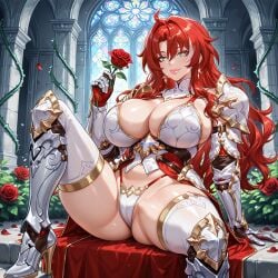 ai_generated argenti_(honkai:_star_rail) armor armored_bikini armored_boots armored_female armored_gloves big_ass big_breasts big_butt big_lips bikini bikini_top bimbo gachareverse genderswap_(mtf) green_eyes holding_object holding_rose honkai:_star_rail long_hair red_hair rose rose_(flower) rule_63 shoulder_armor smiling