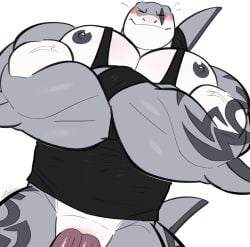 2024 2_penises anthro arm_tattoo barazoku big_muscles big_pecs black_clothing black_shirt black_tank_top black_topwear blush bottomless bottomless_male closed_eyes clothed clothing diphallism dutch_angle fish front_view genitals hi_res horizontal_diphallism leg_tattoo male marine multi_genitalia multi_penis muscular muscular_male nipples pecs penis same22shark same_the_shark shark shirt solo tank_top tattoo topwear