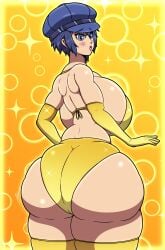 big_ass big_breasts bikini blue_hair gloves justdrawingjake kobalteclipseart looking_back persona persona_4 shirogane_naoto simple_background thick_thighs yellow_bikini