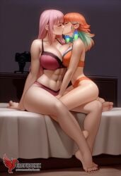 2d 2girls abs ai_generated all_fours ass barefoot big_ass big_breasts bra completely erophoenix feet female female_focus hololive hololive_english hololive_myth jewelry kissing kissing kneeling large_breasts long_hair mori_calliope multiple_girls naked nipples nude orange_hair pale_skinned_female panties patreon_username pink_eyes pink_hair pussy side_braid soles sweat sweating takanashi_kiara take_your_pick thick_thighs thighs toes underwear virtual_youtuber yuri yuri
