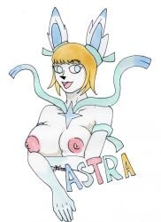 anthro anthrofied blonde_hair bust character_name female furry large_breasts nelsonnoir open_mouth pokemon pokemon_xy short_hair solo sylveon traditional_media_(artwork)