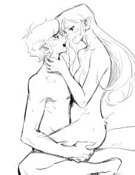 aged_up breasts commentary_request eye_contact from_side hand_on_another's_neck highres link long_hair looking_at_another monochrome nude open_mouth pointy_ears profile senzo6700 sex short_hair sitting sitting_on_lap sitting_on_person small_breasts smile straight sweat tetra the_legend_of_zelda the_legend_of_zelda:_the_wind_waker