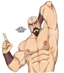 1boy abs arm_wraps armpit_fetish armpits avatar_legends bald blue_eyes blush facial_hair human looking_away male male_armpit muscular muscular_male musk musk_clouds nipples no_visible_genitalia offering offering_self old_male revealyoursins solo_male speech sweat sweaty tattoo tattoo_on_head tenzin the_legend_of_korra white_background