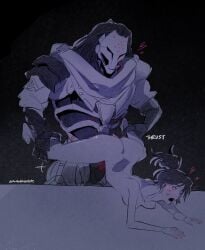 1boy 1girls 2025 2d 2d_(artwork) ahintofchocolat ambiguous_penetration clothed_male_nude_female d.va female_penetrated from_behind_position heart hearts_around_head larger_male leg_grab naked_female nude_female open_mouth overwatch ponytail ramattra robot sex sex_from_behind simple_background size_difference smaller_female straight tagme