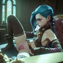 ai_generated arcane arcane:_league_of_legends arcane_jinx cameltoe female female_only jinx_(arcane) jinx_(league_of_legends) lace-trimmed_panties lace_panties league_of_legends legs panties pink_panties sitting sitting_on_chair