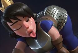 armor bending_over big_breasts black_hair clash_(series) clash_royale gigantic_breasts hands_on_knees jack-o_pose kissing looking_at_viewer one_eye_closed princess_(clash_royale) puckered_lips short_hair supercell wide_hips