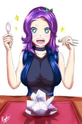 abigail_(stardew_valley) big_breasts blue_eyes blush blush_lines boobs choker drooling female female_only food gemstone happy looking_down open_mouth purple_hair quartz stardew_valley