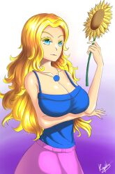 big_breasts blonde_hair blue_eyes female haley_(stardew_valley) holding_flower holding_sunflower lavendulanreptilia looking_at_viewer pink_skirt stardew_valley sunflower