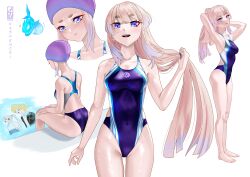 1girls :t artist_request back bare_shoulders blue_eyes blush competition_swimsuit eyelashes female female_only genshin_impact gradient_hair hairband hands_on_knees highres jealous kashenori legs light-skinned_female lips long_hair looking_at_viewer navel_visible_through_clothes one-piece_swimsuit open_mouth peach_hair pink_hair pout pouting sangonomiya_kokomi sitting smile solo standing swimming_cap swimsuit thighs waist wet wet_skin white_background