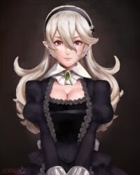 1girls absurdres alternate_costume artist_name ascot bangs big_breasts black_background black_clothing black_dress breasts brooch cleavage clothed clothed_female clothing commentary corrin_(female)_(fire_emblem) corrin_(fire_emblem) corrin_(fire_emblem)_(female) digital_media_(artwork) dress earrings english_commentary eyelashes facing_viewer female female_only fire_emblem fire_emblem_fates formal frilled_dress frills grey_hair hair hair_between_eyes hair_ornament hairband hands_together hi_res highres jewelry large_breasts light-skinned_female light_skin lips long_hair long_sleeves looking_at_viewer mascara neckerchief nintendo own_hands_together painting painting_(artwork) pointy_ears puffy_sleeves red_eyes royalty sarukaiwolf silver_hair simple_background solo source_larger standing upper_body watermark
