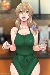 1girls apron bare_shoulders big_breasts breasts clothed clothes clothing cup female female_only genshin_impact green_apron green_eyes hips hourglass_figure huge_breasts human human_only humanoid iced_latte_with_breast_milk large_breasts lisa_(genshin_impact) long_hair looking_at_viewer meme smiling_at_viewer solo solo_female thick thick_thighs thighs voluptuous wide_hips yuushiba