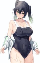 1girls big_hips black_hair breasts busty cleavage female female_only green_eyes green_hair hips huge_breasts intermammary_cleft jacket large_breasts looking_at_viewer love_live! love_live!_nijigasaki_high_school_idol_club love_live!_school_idol_festival_all_stars mostly_clothed one_piece_swimsuit school_swimsuit swimsuit tagme takasaki_yuu thick_thighs thighs tight_clothing wet wet_body wet_clothing white_background yamasonson