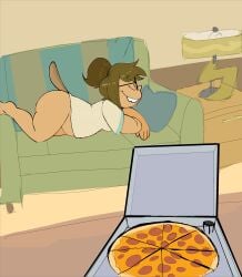 1girls absurd_res anthro ass beaver bottomless brown_hair buckteeth cartoon_network cchilab chubby_female clothed clothing eileen_roberts eyewear female female_only food furniture glasses hair hi_res lying mammal partially_clothed pillow pizza pizza_box ponytail regular_show rodent slightly_chubby sofa solo tail teeth topwear