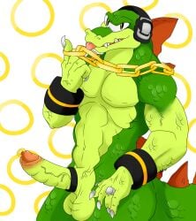 anthro claws cock_ring crocodilian gay genital_piercing green_scales headphones large_penis male male_only nelsonnoir penis scalie solo sonic_(series) tongue_out vector_the_crocodile veiny_penis