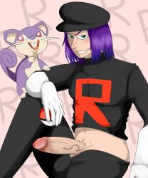 erection green_eyes male male_only nelsonnoir open_mouth pokemon pokemon_rgby purple_hair rattata red_eyes short_hair solo team_rocket team_rocket_grunt veiny_penis white_gloves