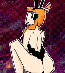 alex_(minecraft) alternate_version_available ass blush bunny_ears bunnysuit cookiestar456 green_eyes looking_at_viewer looking_back minecraft orange_hair