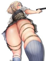 ass ass_focus blonde_hair blue_legwear braid corset female from_below girls'_frontline green_eyes gun hubrael looking_at_viewer looking_down no_panties photoshop_(medium) pinstripe_legwear pinstripe_pattern short_hair simple_background skirt socks solo striped thigh_strap thighs twitter_username upskirt weapon welrod_mk2 welrod_mkii_(girls'_frontline) white_background