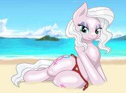 beach bikini blue_eyes clop cutie_mark earth_pony friendship_is_magic looking_at_viewer makeup mare mlp_oc mountain my_little_pony my_little_pony_friendship_is_magic panties panties_only parody pink_skin pony red_panties sand sitting water white_mane wikipedia