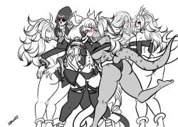 4girls anal android_21 artist_name ass ass_visible_through_thighs black_and_white blush choker citrus_(izdawhiz) closed_eyes crossover dizzy_(guilty_gear) dragon_ball dragon_ball_z earrings french_kiss guilty_gear hoop_earrings izdawhiz jewelry kissing large_breasts long_hair majin_android_21 monster_girl multiple_girls necro_(guilty_gear) panty_pull pussy tail_ribbon thick_thighs thigh_strap thighs twintails undine_(guilty_gear) yuri