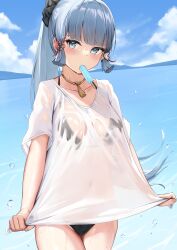 1girls aqua_eyes aqua_hair black_bra black_panties black_swimsuit blush bra bra_visible_through_clothes breasts cameltoe clothes collarbone female female_only genshin_impact hairband highres ice_cream kamisato_ayaka long_hair melting_popsicle navel navel_visible_through_clothes necklace ocean outdoors outside panties ponytail popsicle popsicle_melting see-through see-through_clothing skai_kun sky solo standing swimsuit t-shirt water wet_clothes wet_skin