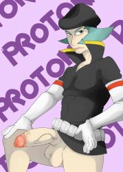 balls belt bottomless character_name frown gloves green_eyes green_hair hat long_gloves male male_only nelsonnoir penis pokemon pokemon_gsc proton_(pokemon) pubic_hair solo team_rocket veiny_penis white_gloves