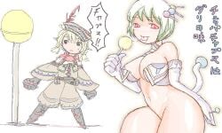 1009 chupa_chups erect_nipples green_hair japanese_text large_breasts lollipop nipple_slip pointy_ears red_eyes saliva saliva_trail short_hair tail thick_thighs tongue_out