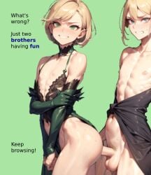 2boys ai_generated anal_sex animated ass blonde_hair blue_eyes caption femboy gay green_background green_eyes humor incest looking_at_viewer male male_only meta nipples penis pubic_hair self_upload sex simple_background smile testicles trap worried