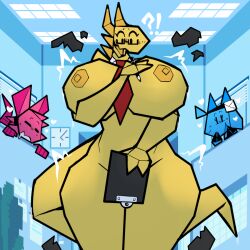 areolae baronflint big_breasts blue_body breasts camera_(artist) clipboard covering_crotch female necktie origami pen pink_body roma_gii tagme tail thick_thighs tie wardrobe_malfunction yellow_body